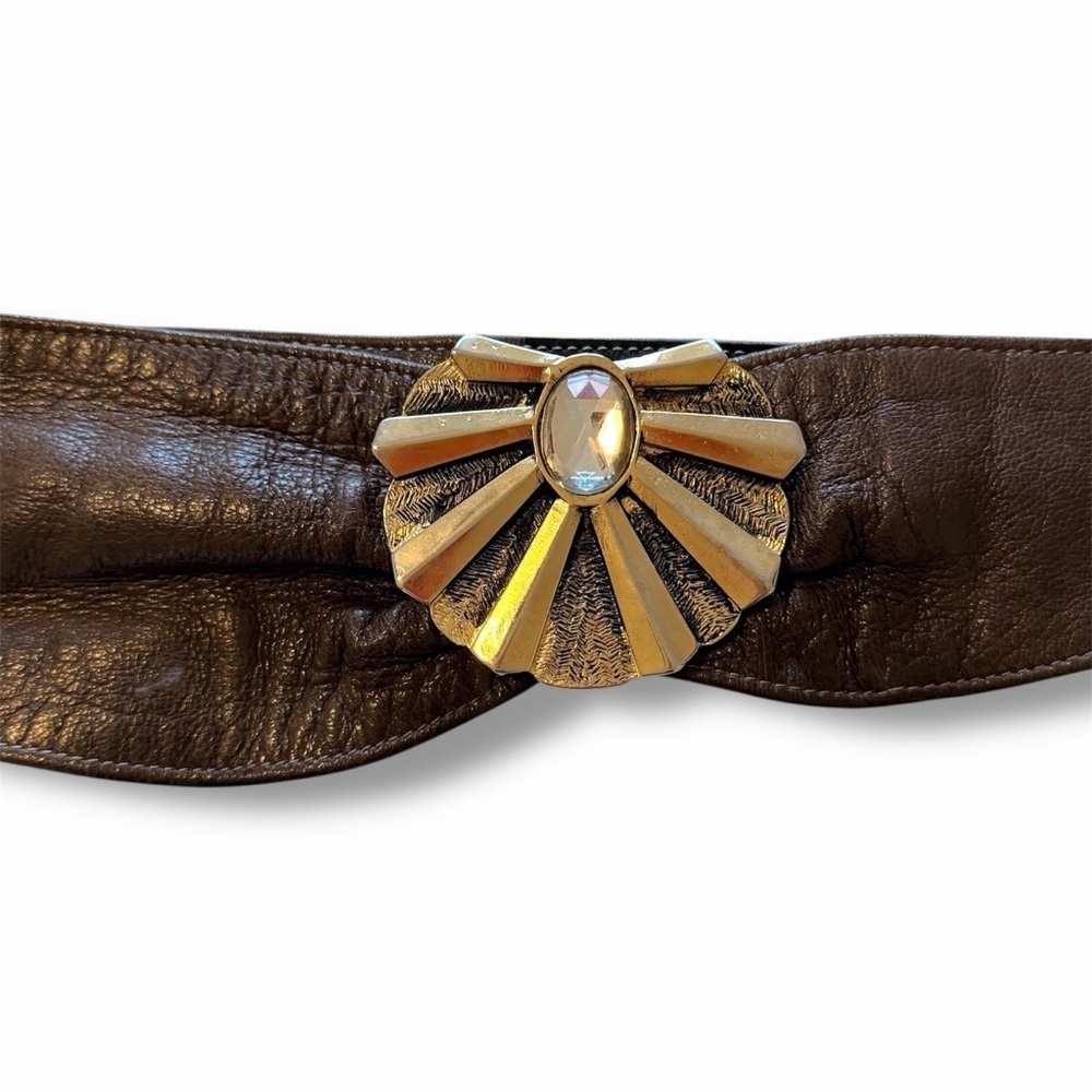 90s Vintage asymmetric waist belt, buttery soft leather, brown, snaps closure, S